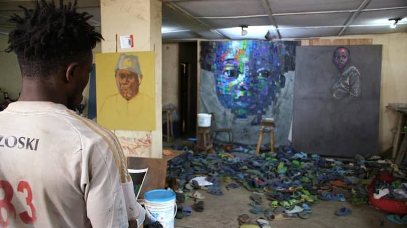 Nigerian artist turns old soles into mosaic portraits
